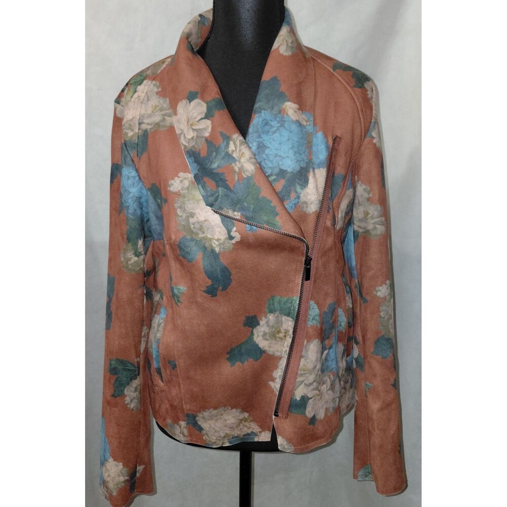 Elle Tahari Faux Leather Jacket Womens Brown Asymmetrical Zip Floral Preppy